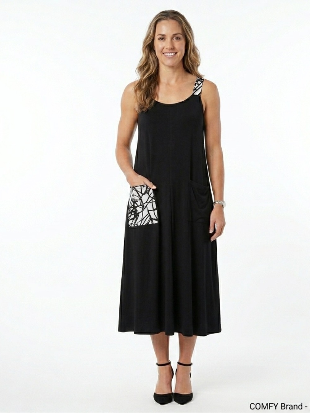 COMFY USA Black Midi Dress Size M Modal Spandex Abstract Print Pockets Lagenlook